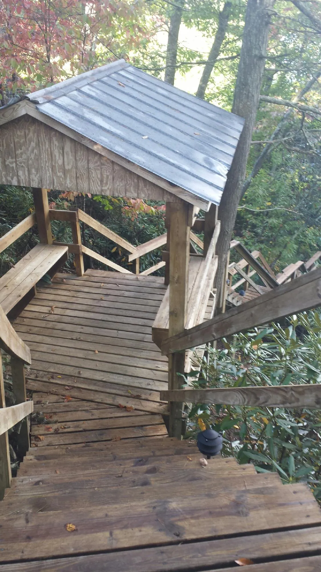 Metal roofed shelter over wooden steps on a wooded walkway — Skylight Repair & Installation work by our crew in Seagrove